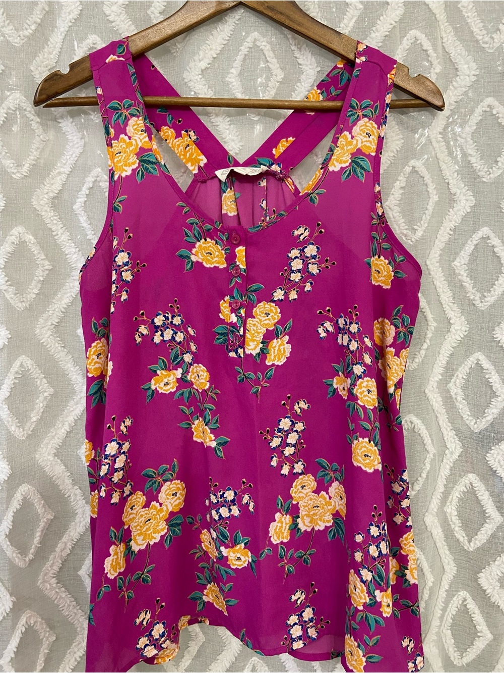 Pink Rose Magenta Floral Cross-Back Camisole with Yellow Blooms